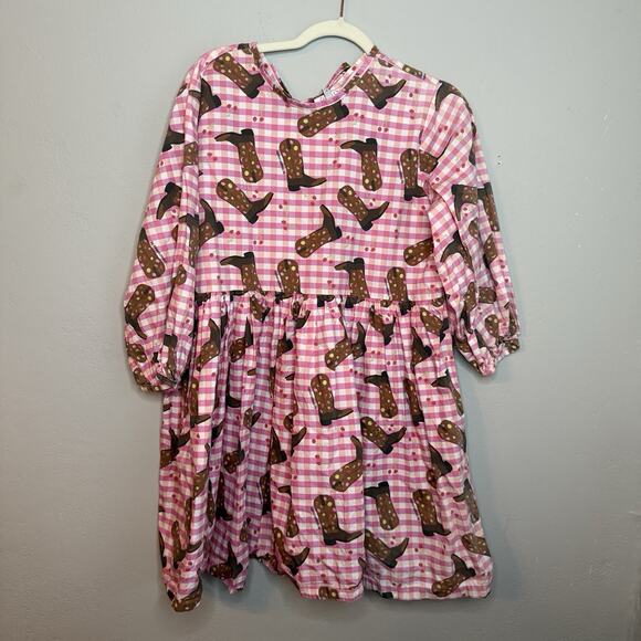 Megan Crosby Babydoll Dress Pink Gingham Cowboy Boots Print Size Large - Picture 4 of 12